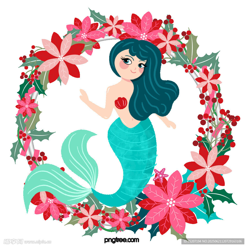花環中的美人魚插畫