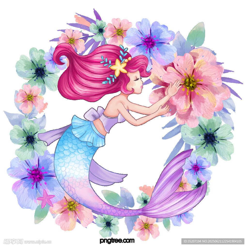 夢幻美人魚置身繽紛花叢中