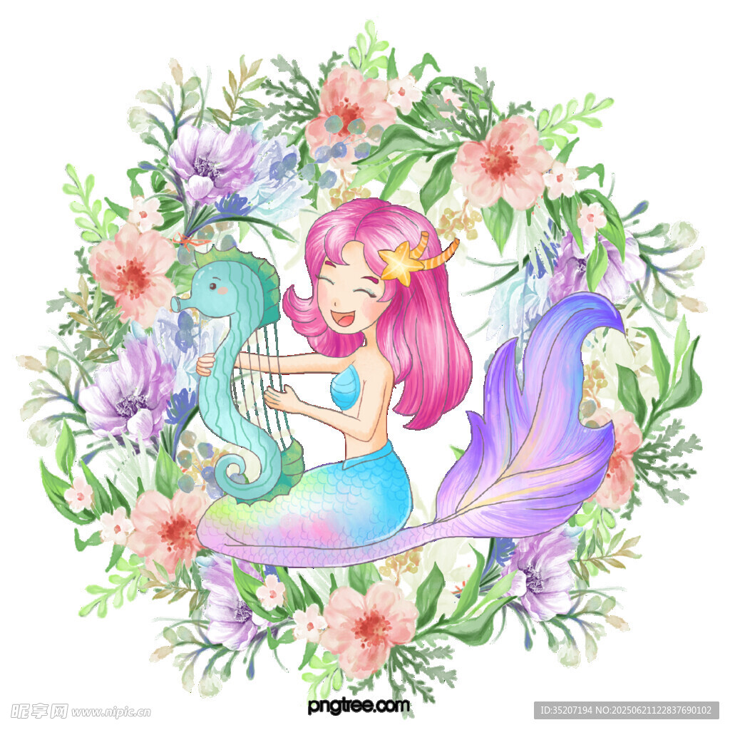 夢幻美人魚與花卉環繞