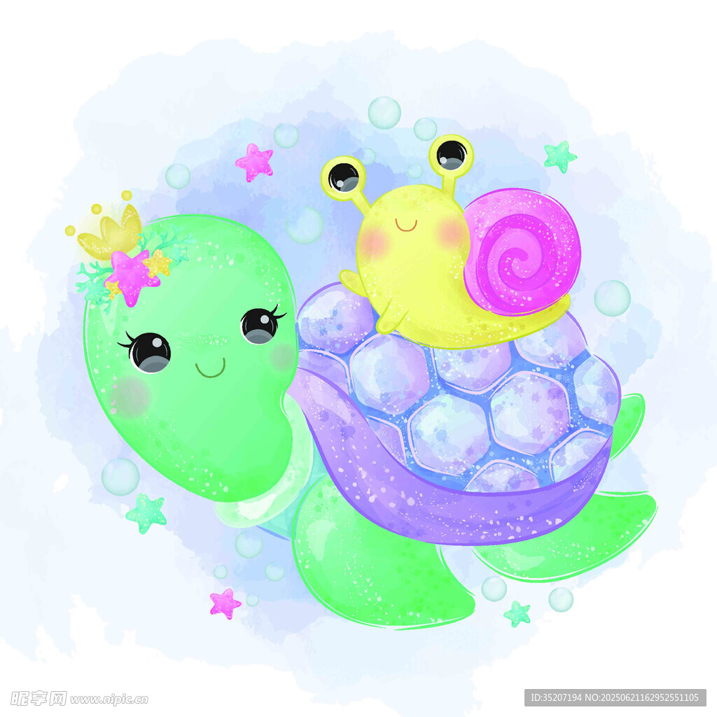 可愛海龜與蝸牛夢幻插畫