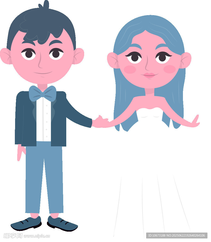 甜蜜牽手的新婚卡通夫婦