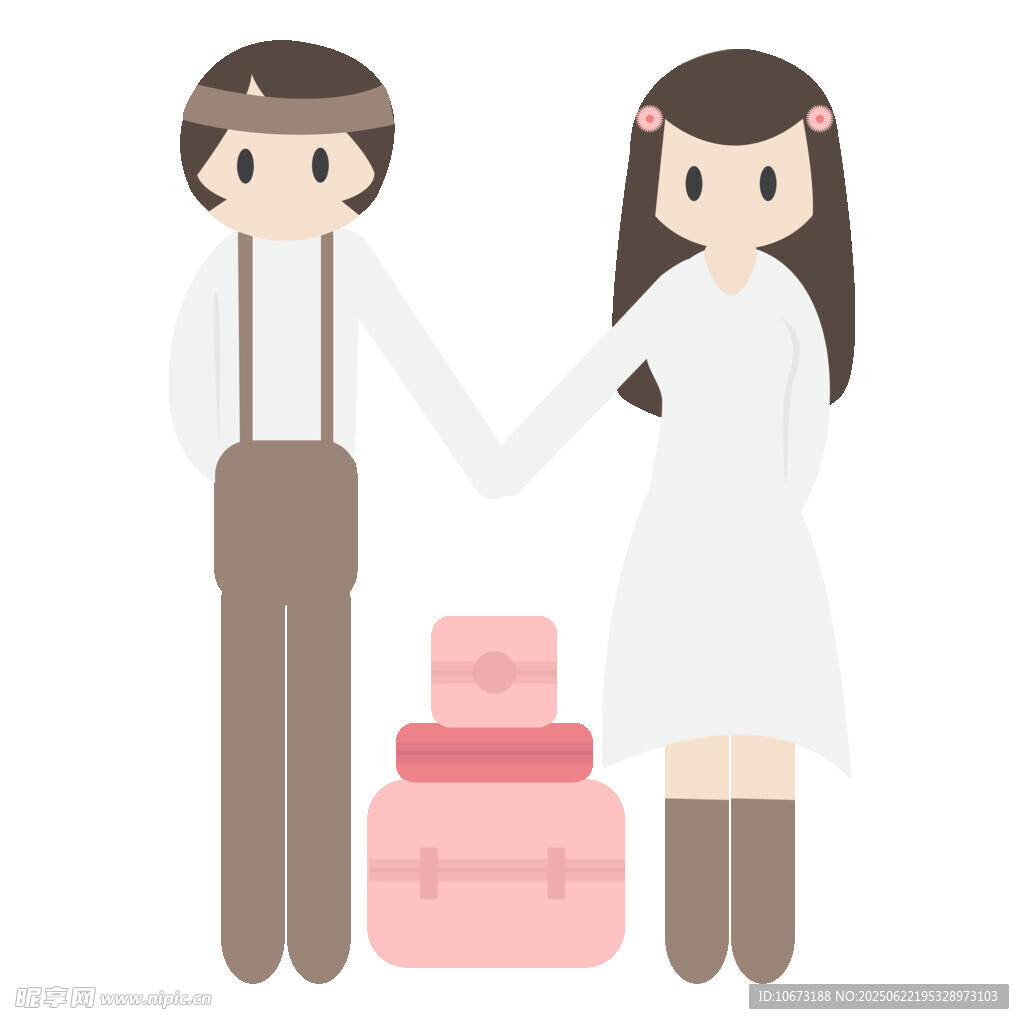 新婚夫婦與粉色行李箱