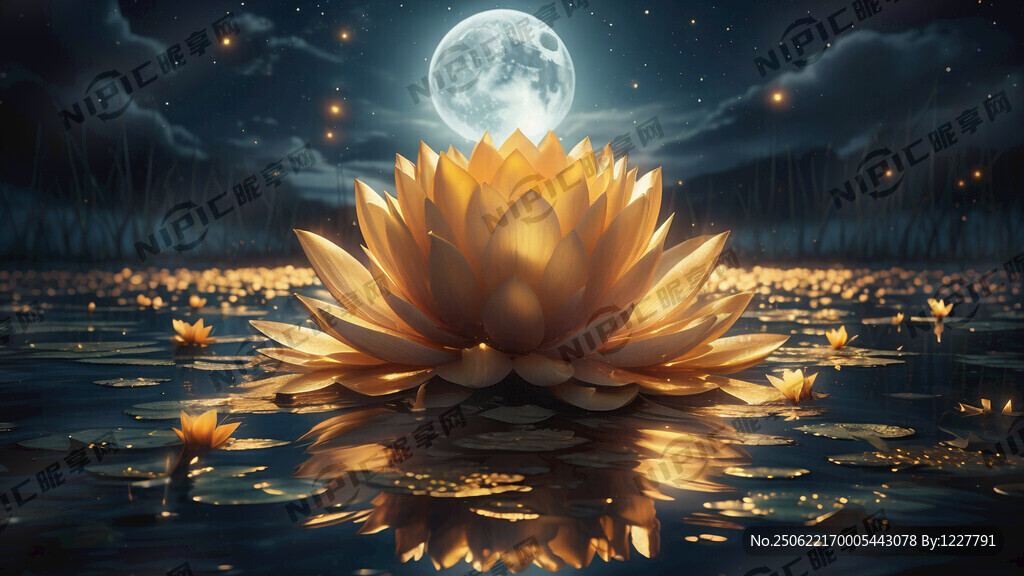 月光下水面上金色的蓮花
