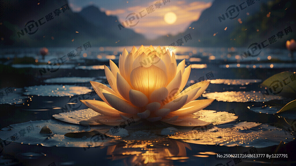月光下的水面上金色的一朵蓮花