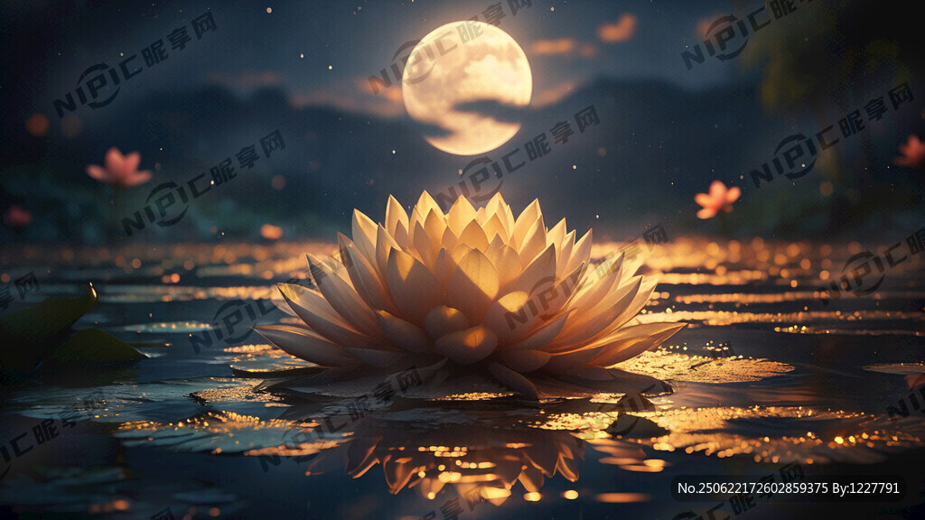 月光下的水面上金色的一朵蓮花