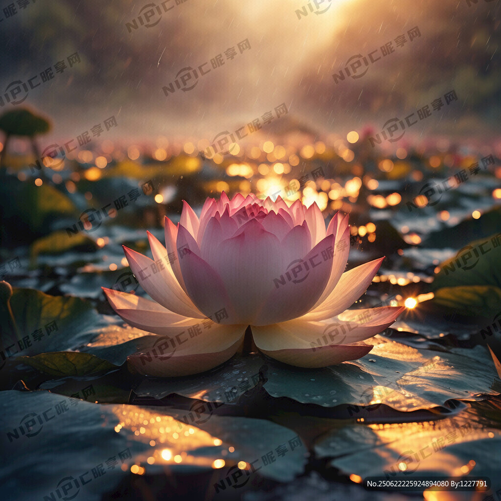 遠(yuǎn)山下早晨水面上的一朵帶金光的