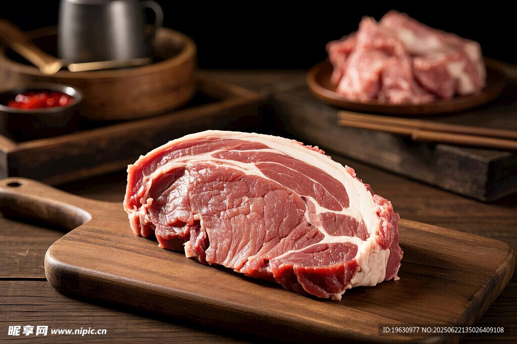 新鮮生豬肉牛排置于案板