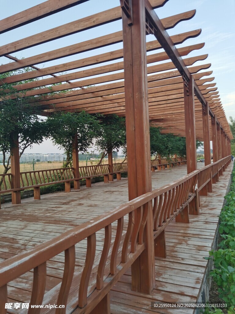木質廊架下的休閑步道