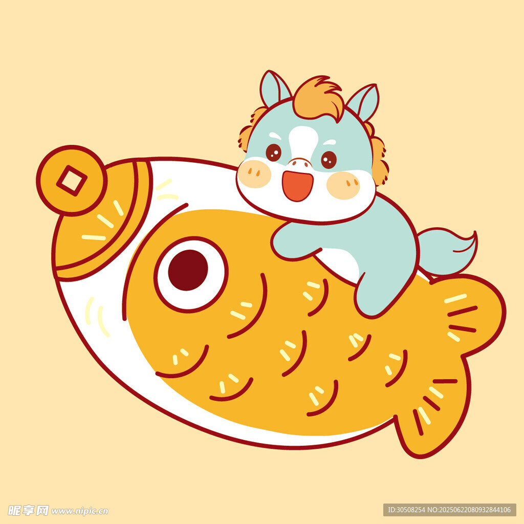 小馬趴魚(yú)形玩具上玩耍