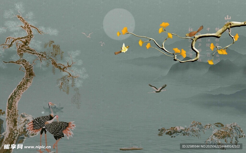 月夜江畔飛鳥圖