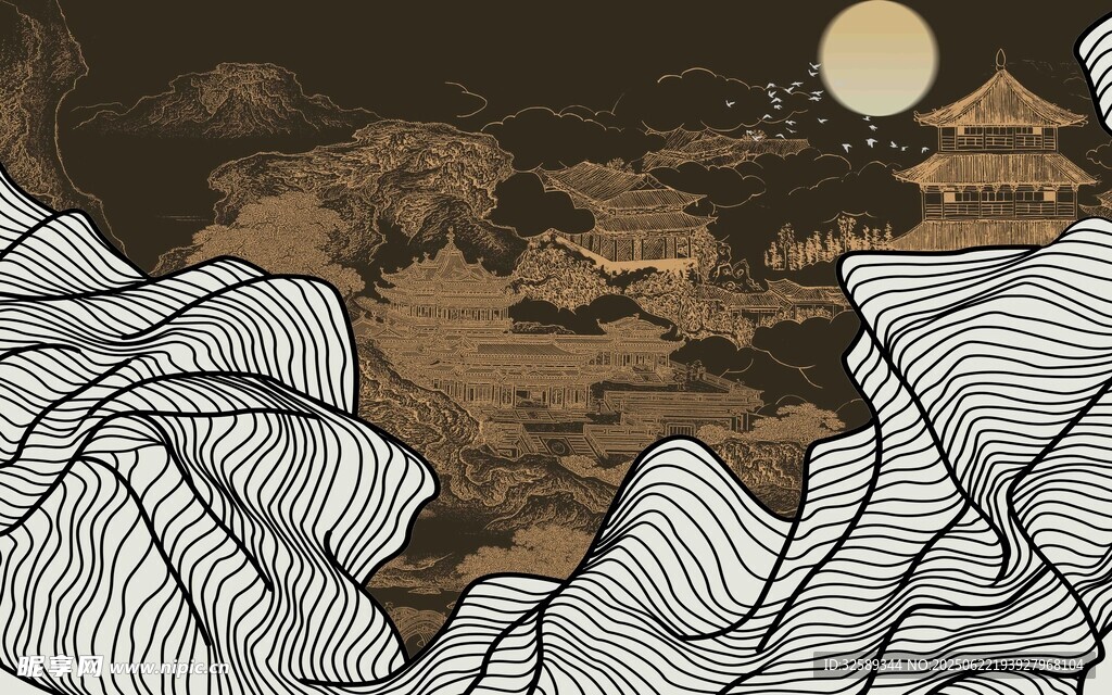 月夜下的山巒線條畫