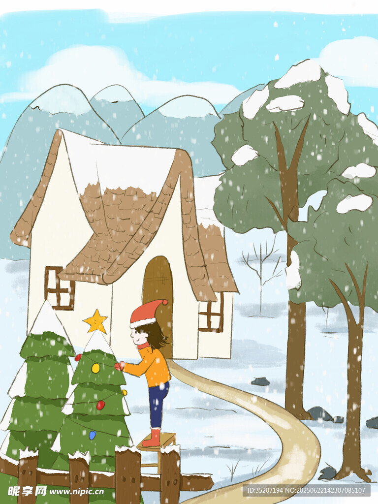 冬日小屋前的溫馨雪景
