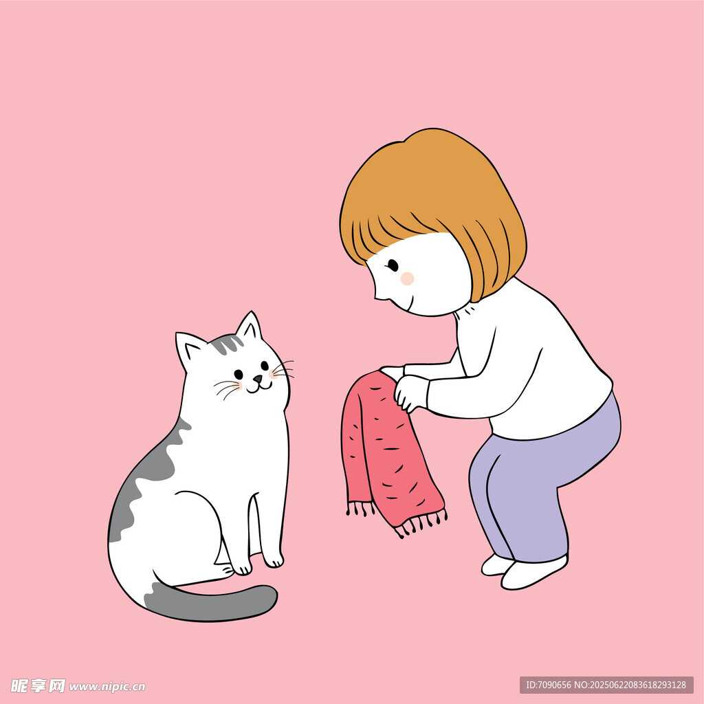 女孩給貓咪圍圍巾的溫馨場景