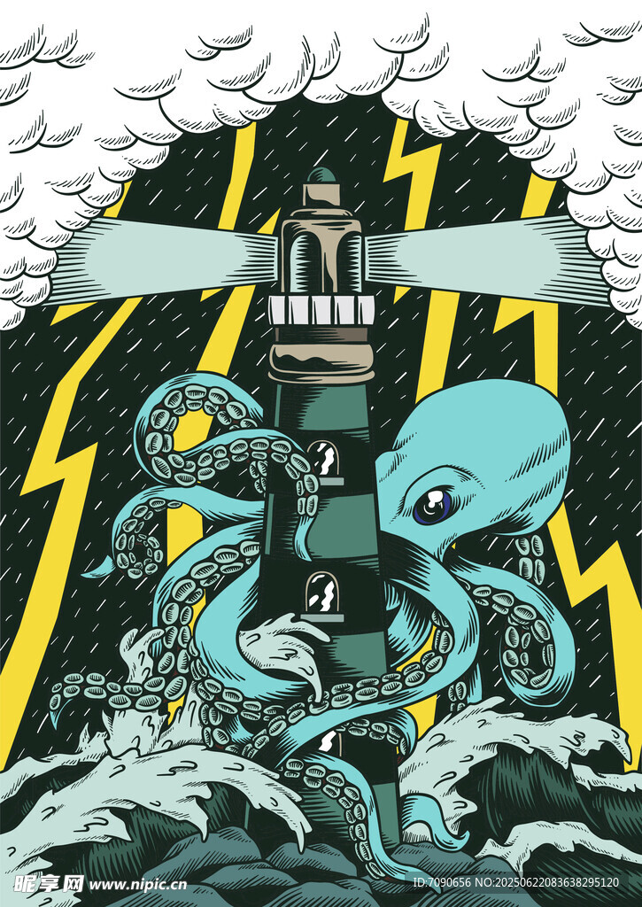 章魚與燈塔的奇幻風暴場景