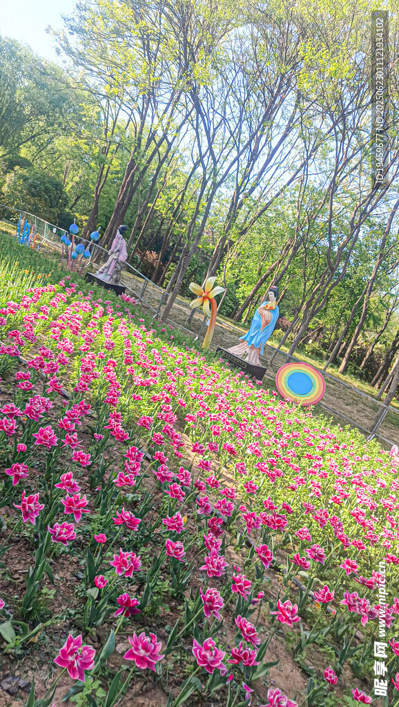 春日繁花盛開的公園美景