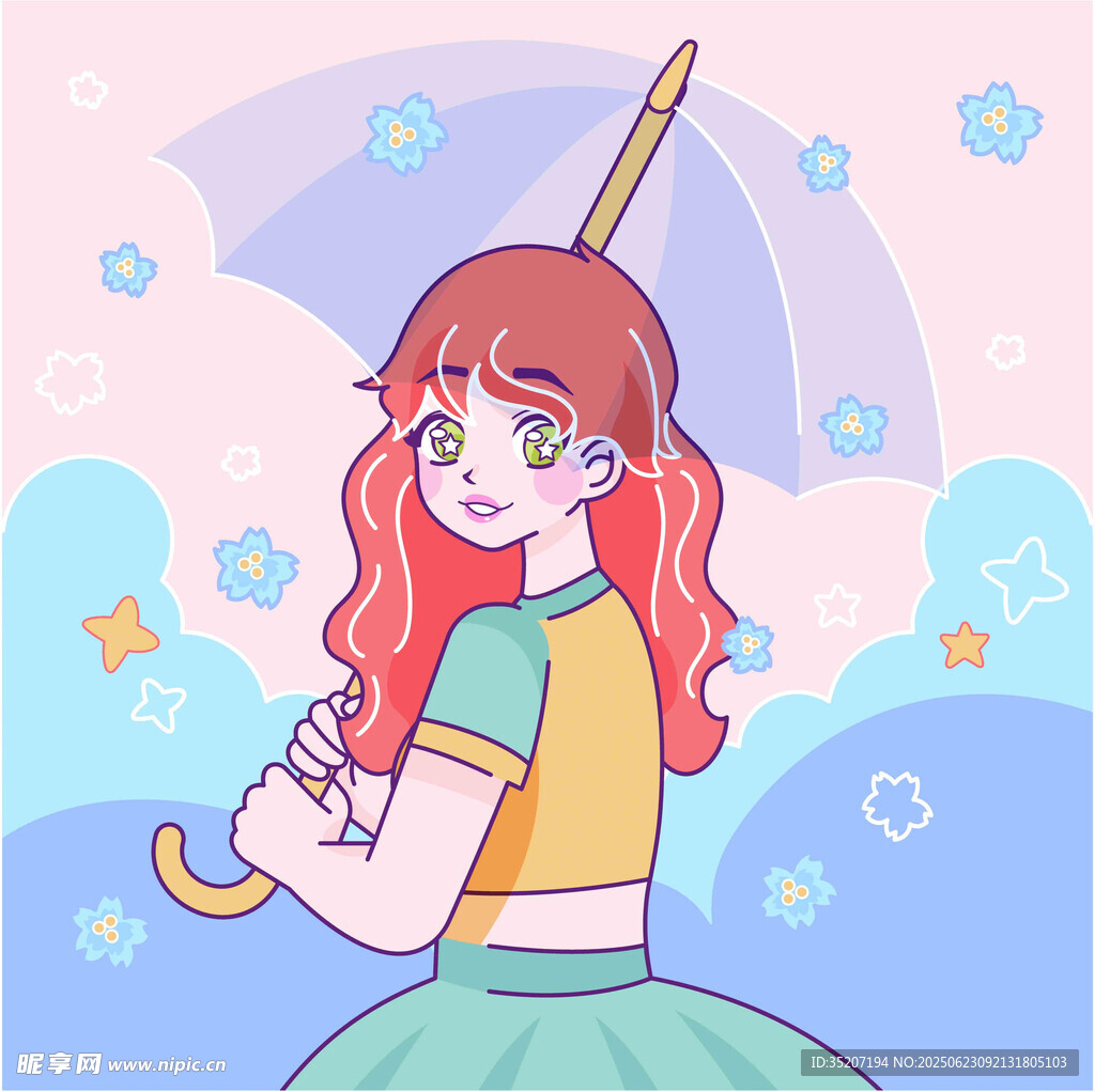撐傘少女漫步夢幻天空