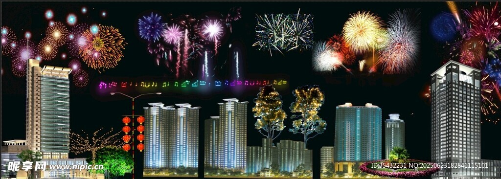 城市煙花高樓樹木夜景素材