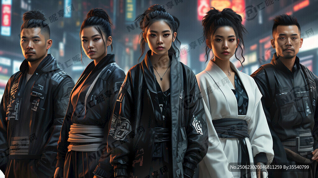 五個亞洲人站在一起 半身像