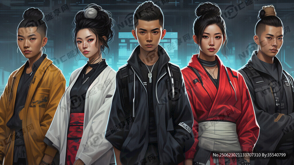 五個亞洲人站在一起 半身像