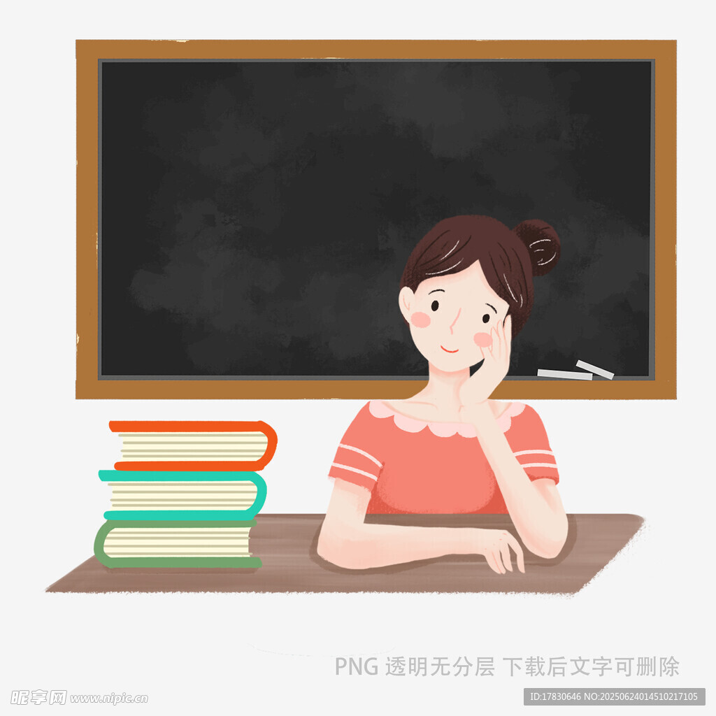 女孩桌前思考與書籍黑板