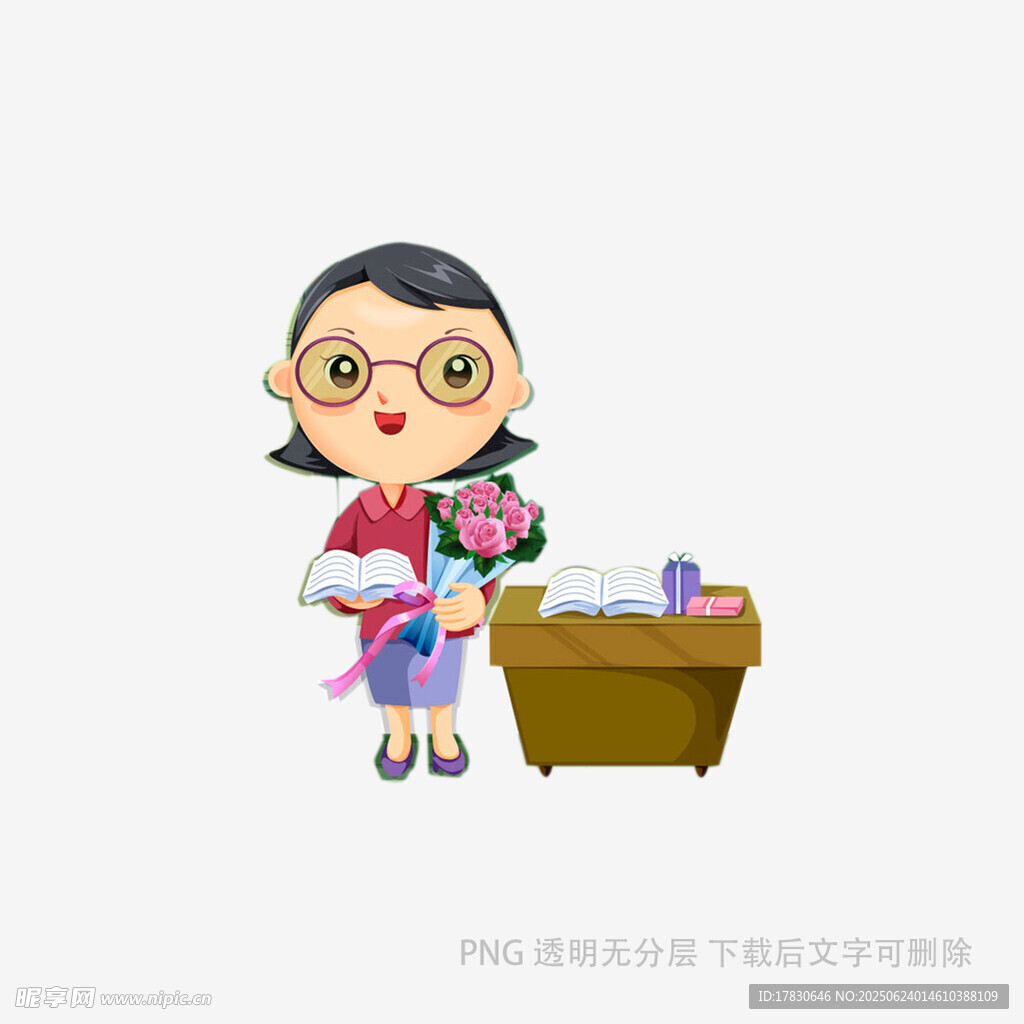 戴眼鏡女士桌邊捧花插畫
