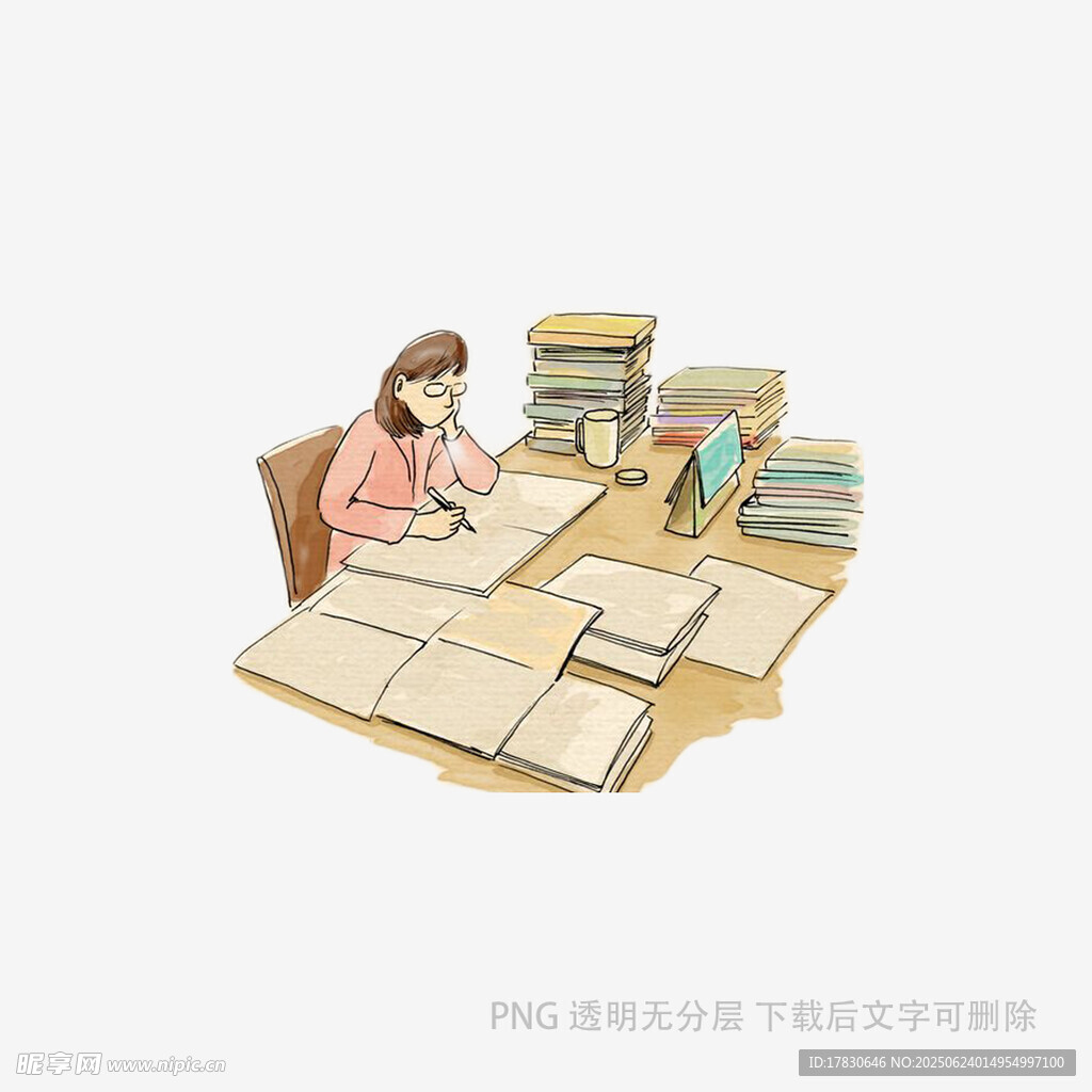 女孩專注于堆滿書籍的桌前
