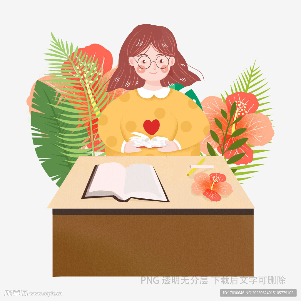 女孩桌前讀書溫馨場景