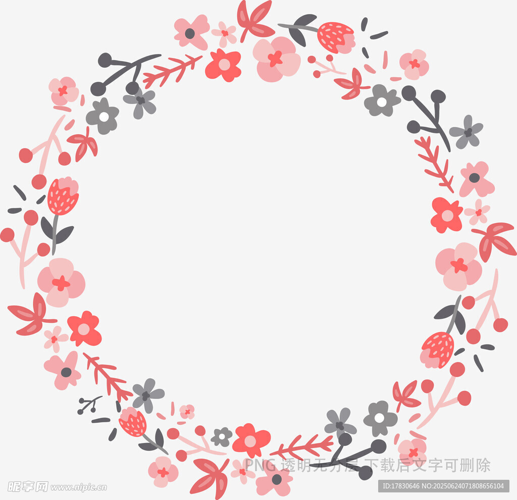 手繪粉色花卉圓形花環(huán)