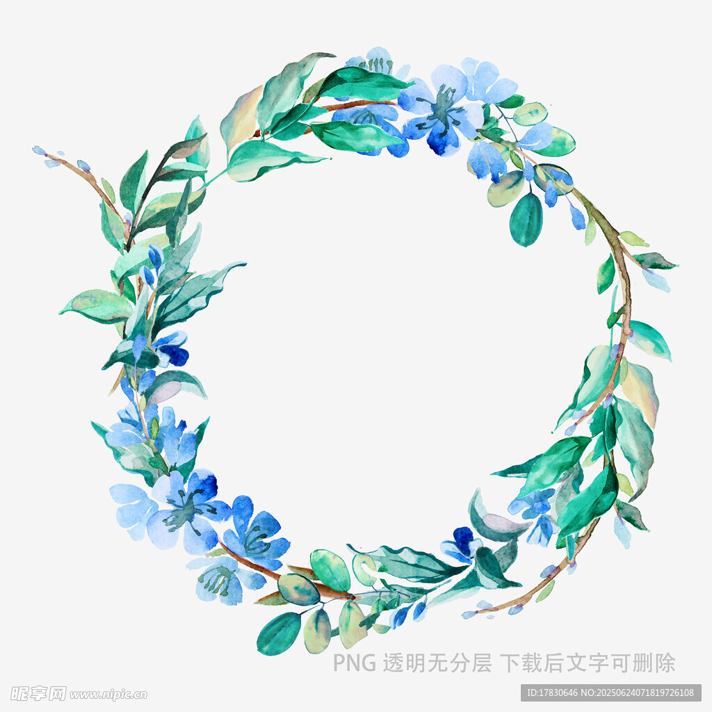 手繪藍色花卉綠葉花環