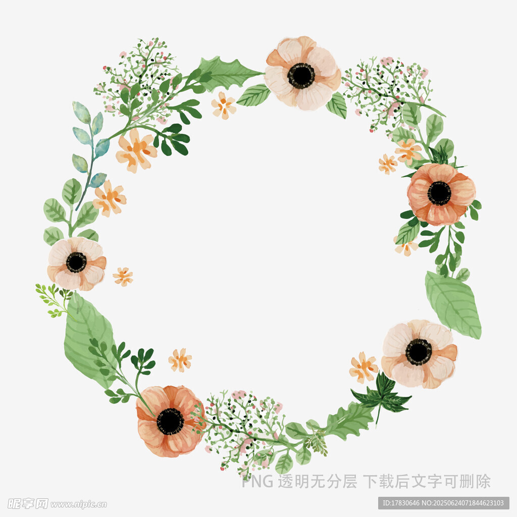 手繪花卉綠葉圓形花環(huán)