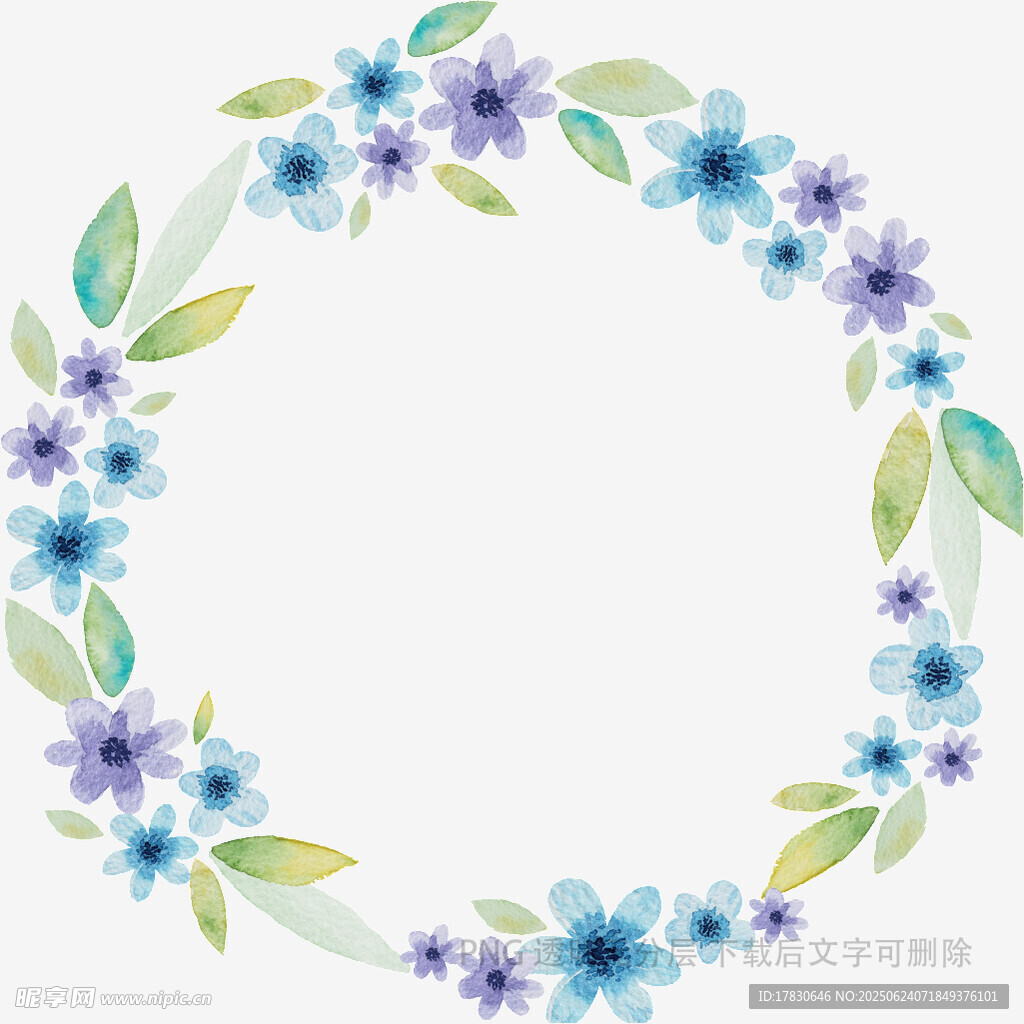 藍(lán)紫色花朵綠葉花環(huán)圖案