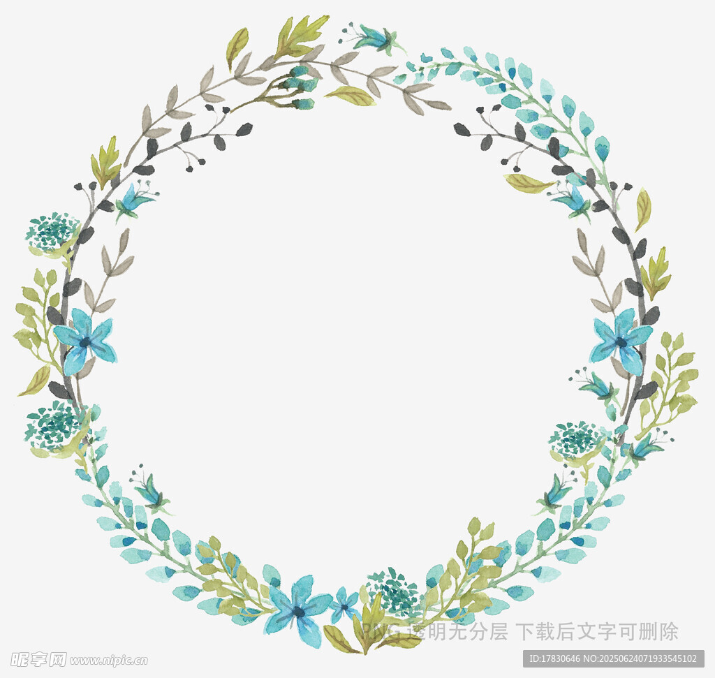 手繪藍色花卉花環(huán)圖案