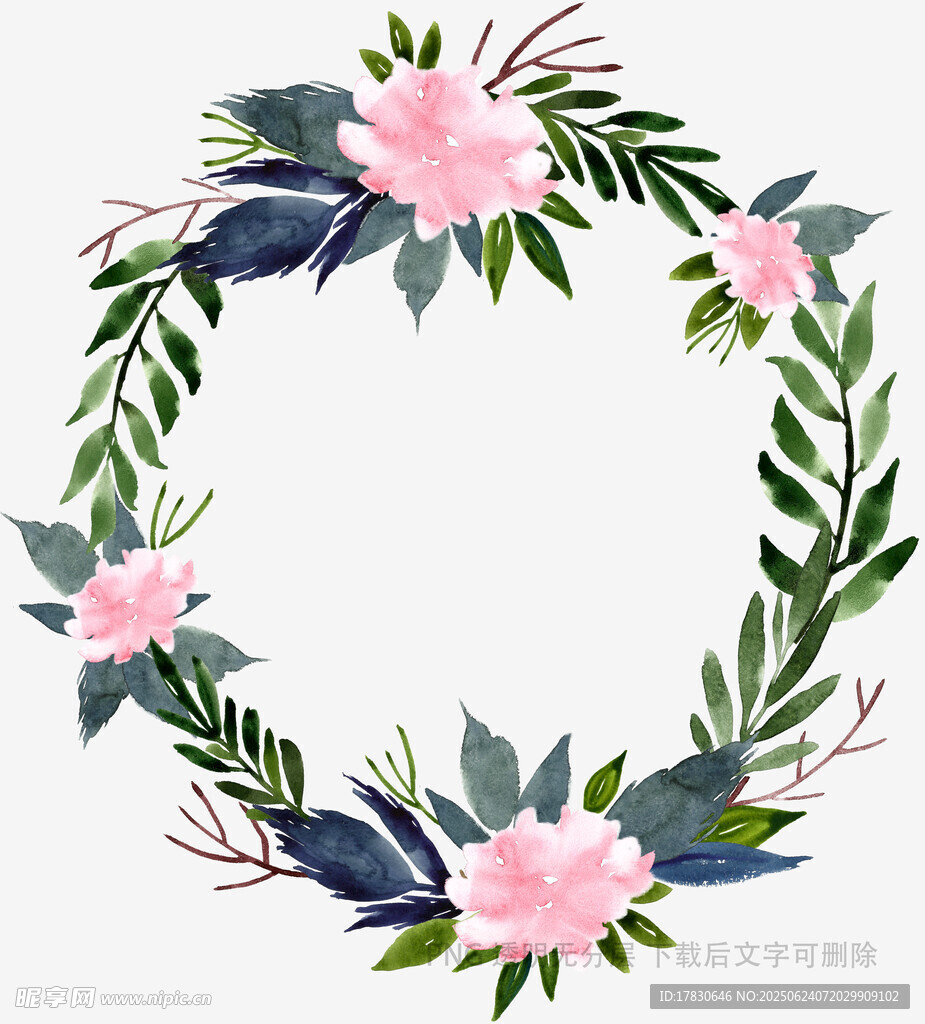 粉色花卉綠葉花環圖案