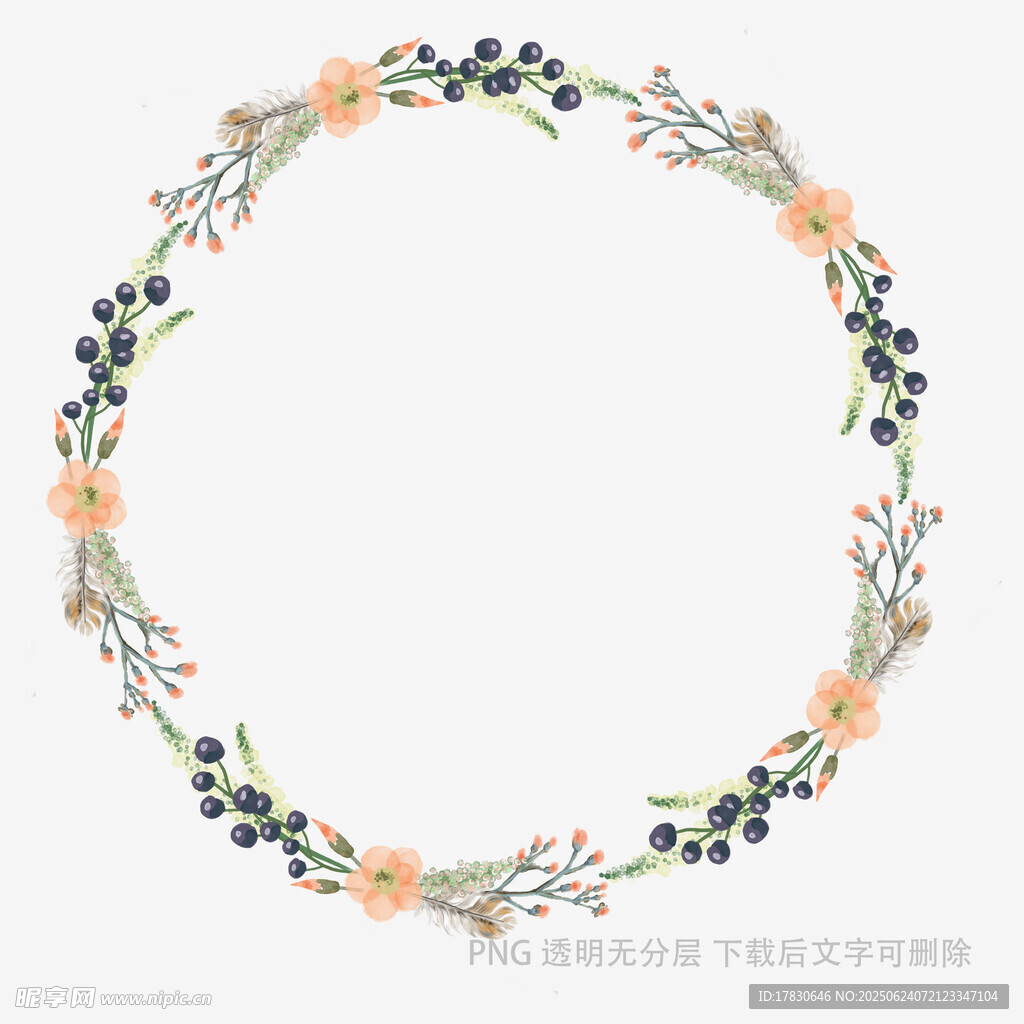 手繪花卉圓形花環裝飾圖
