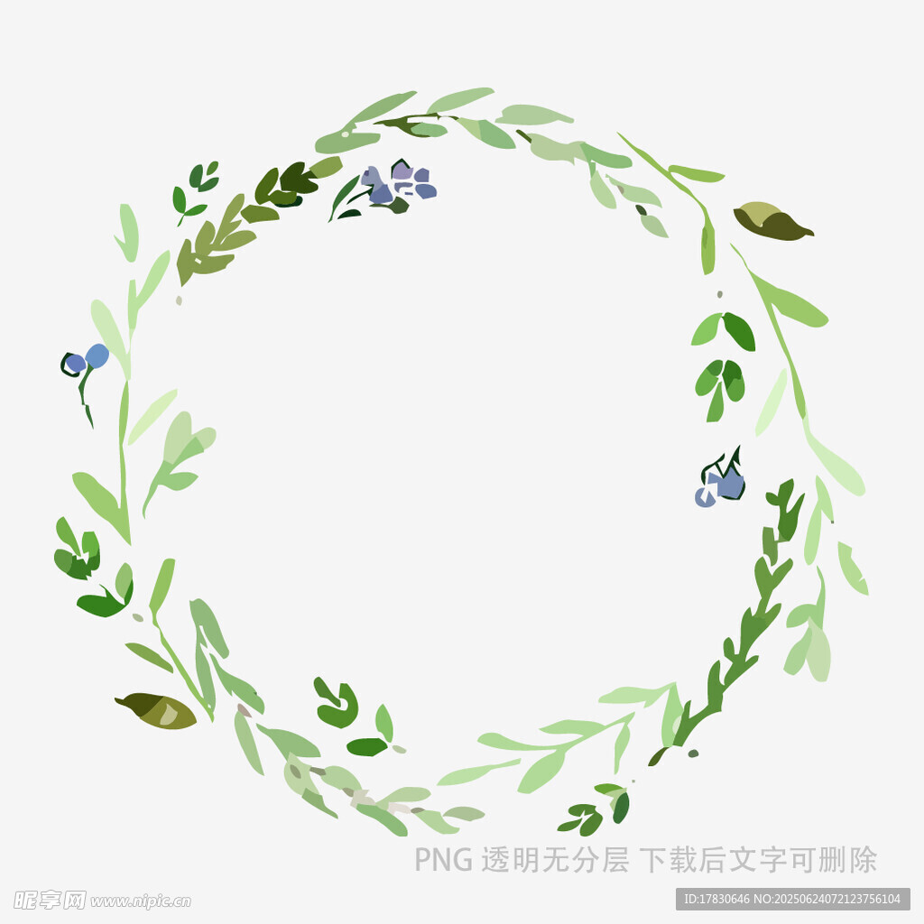 綠葉藍花手繪花環圖案