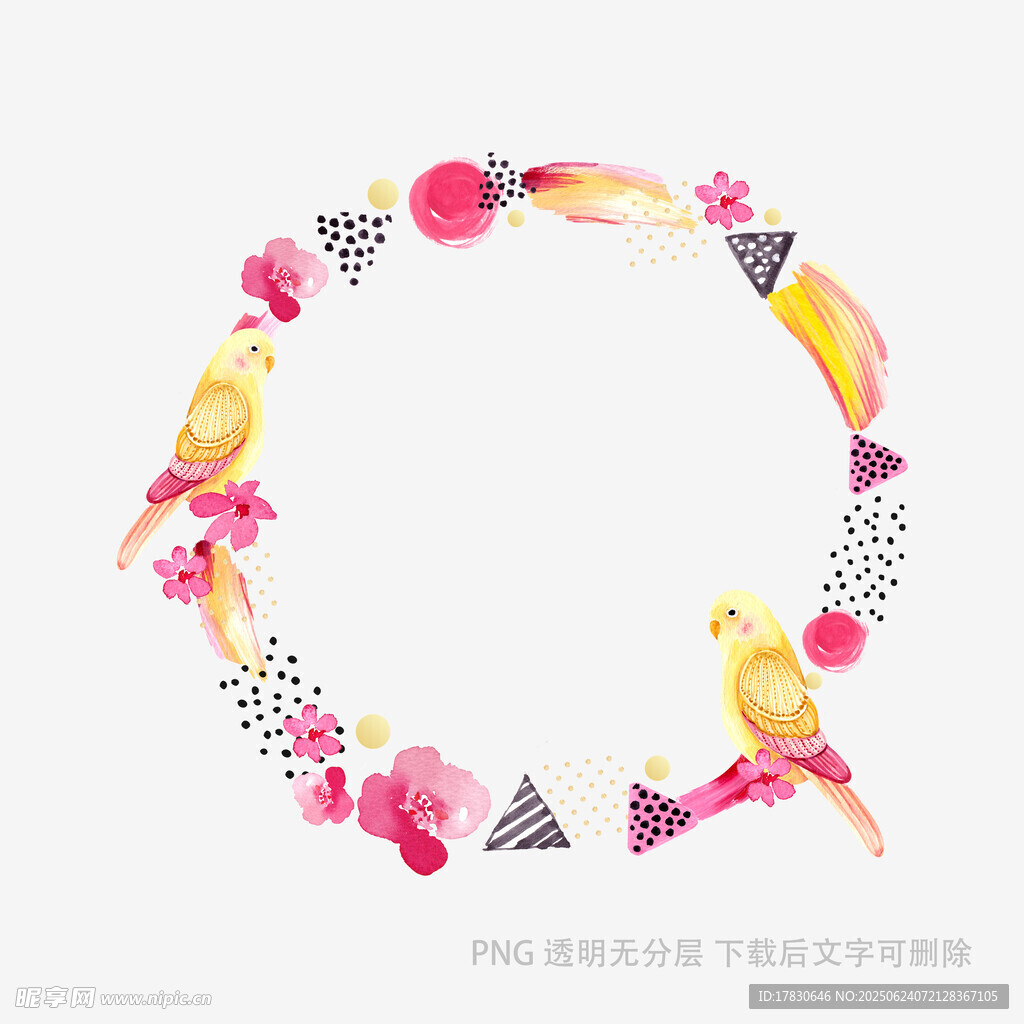 水彩花鳥圓形裝飾圖案