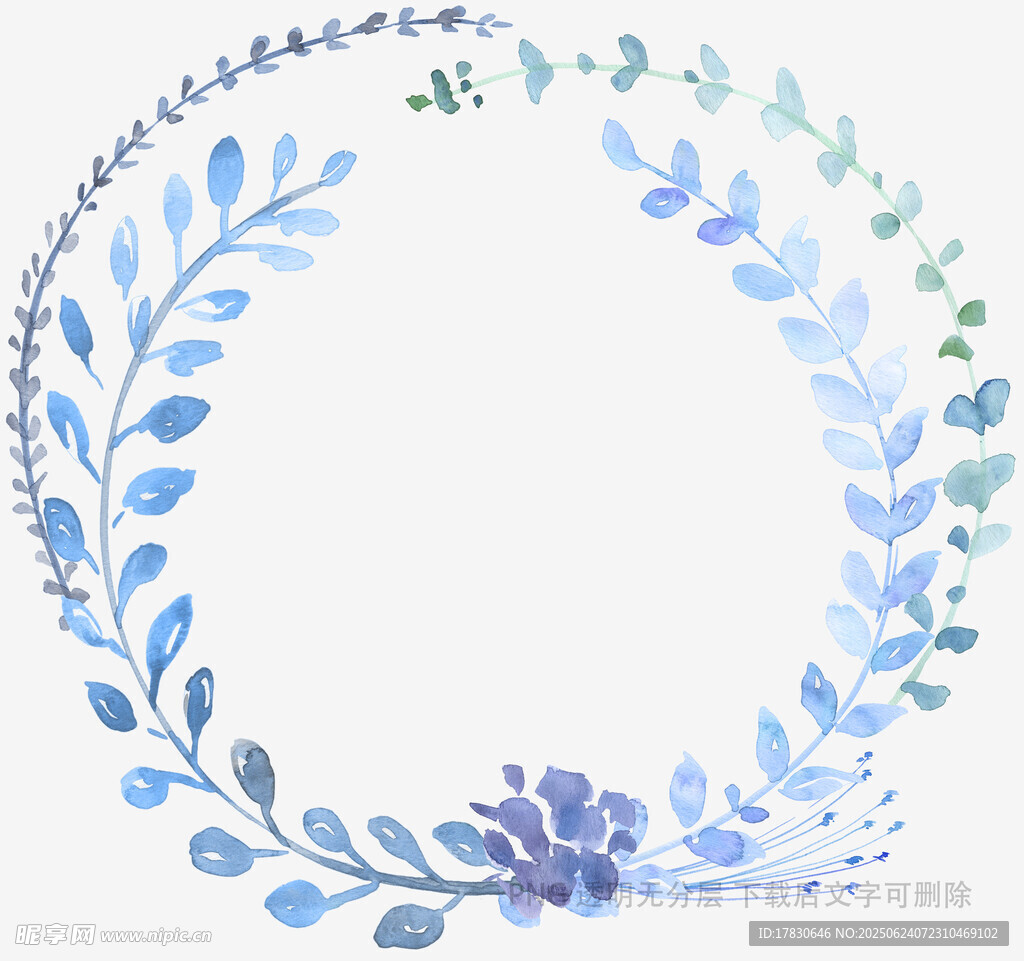 藍色水彩花卉環形裝飾圖