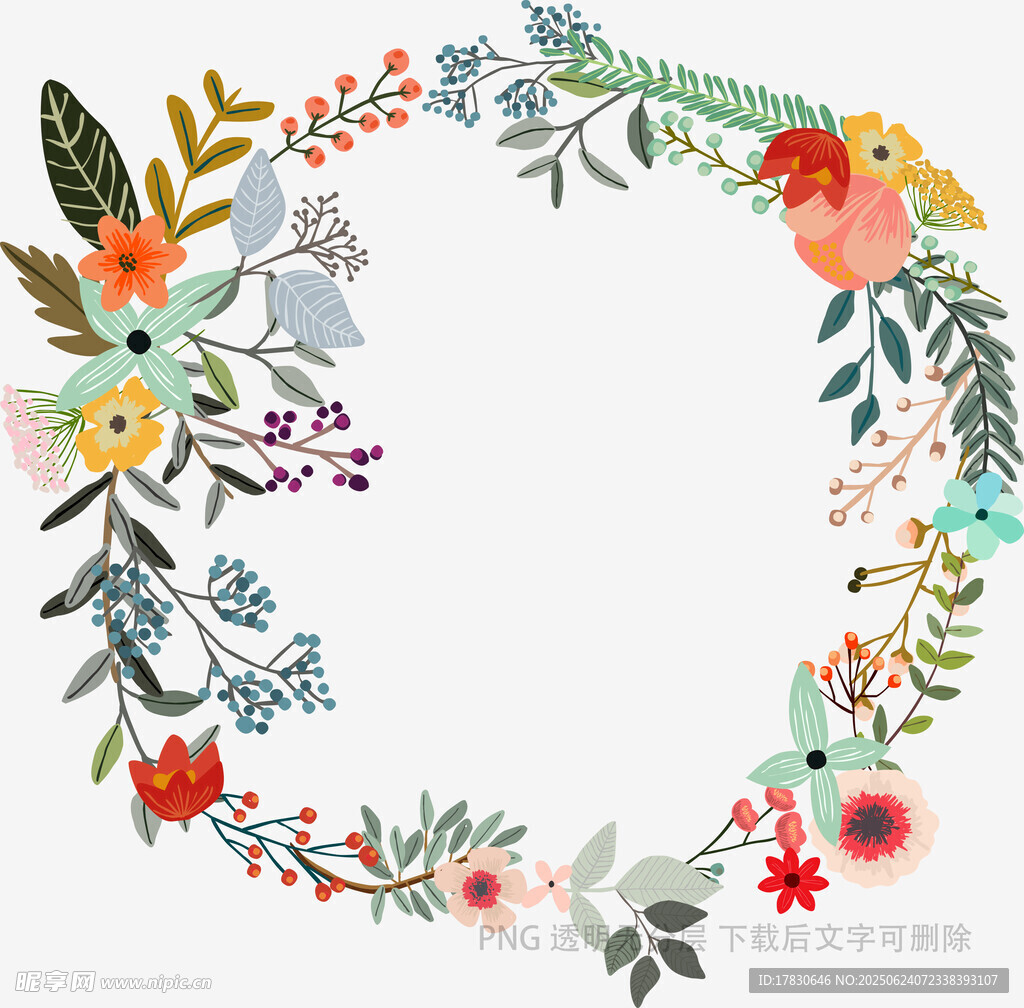 手繪多彩花卉花環(huán)圖案