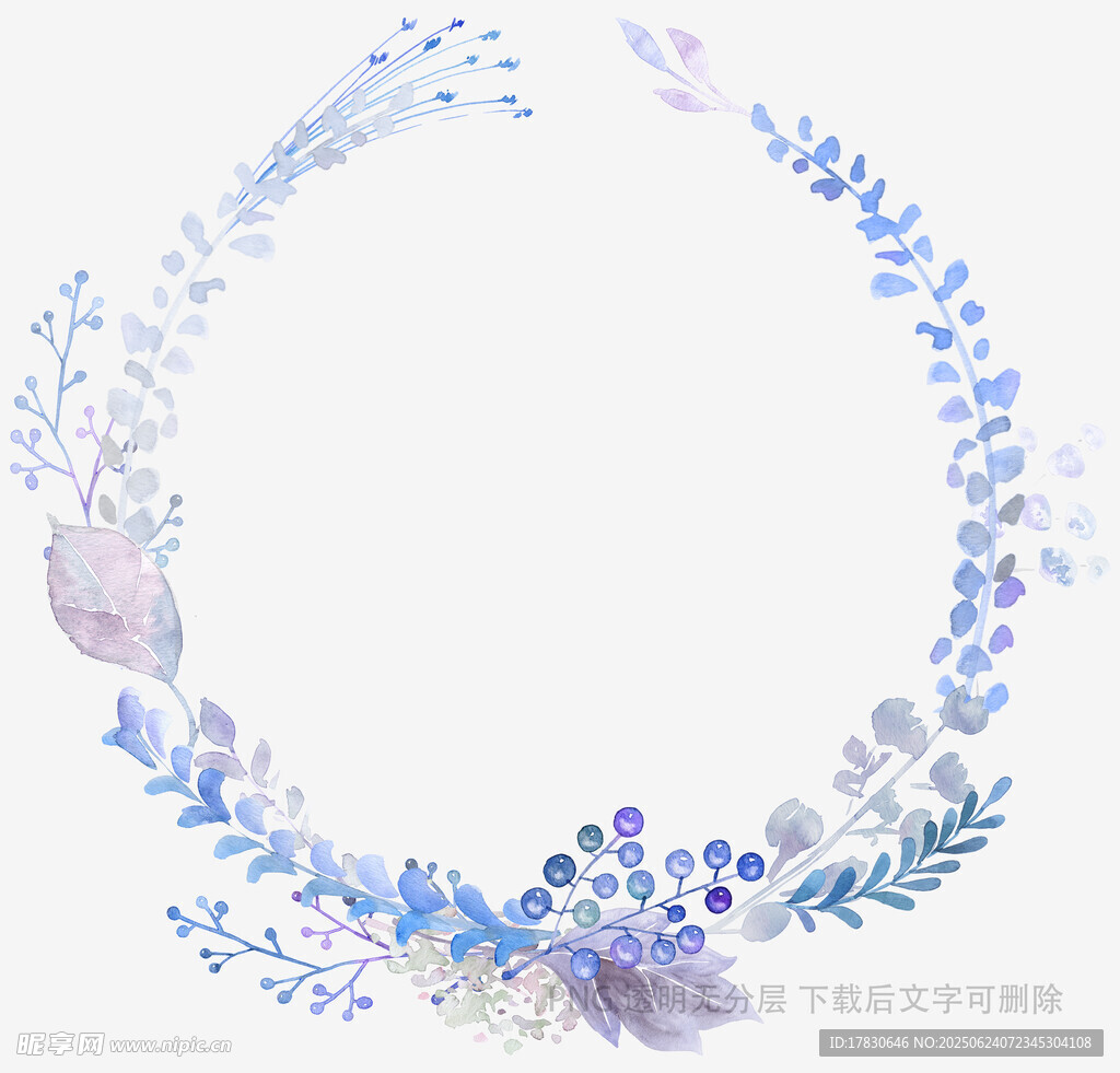 藍色水彩花卉花環圖案