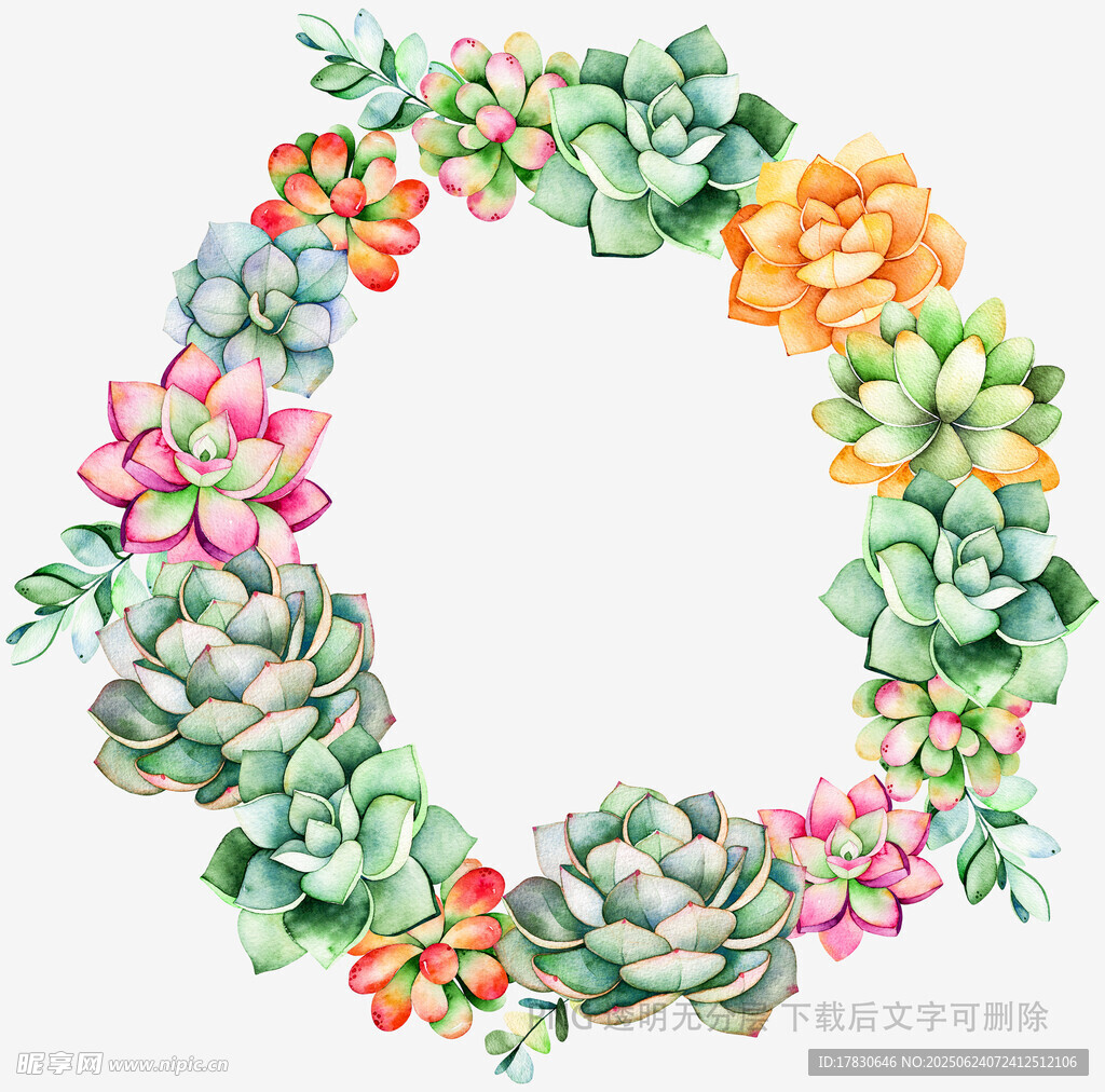 水彩多肉花環裝飾圖案