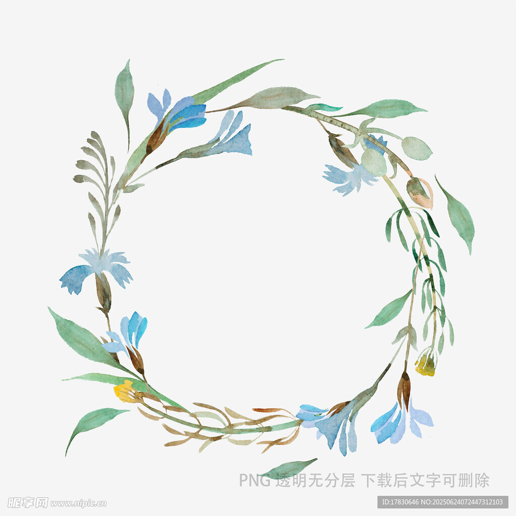 手繪藍色花朵綠葉花環