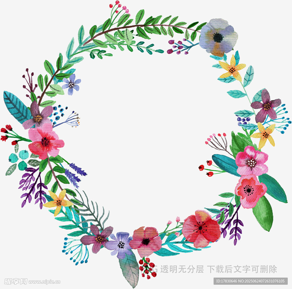 手繪多彩花卉花環(huán)圖案