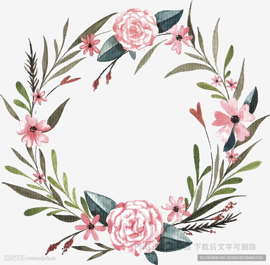 粉色花卉花環插畫圖案