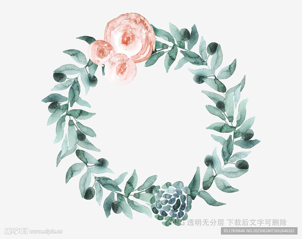 水彩花卉綠葉花環圖案