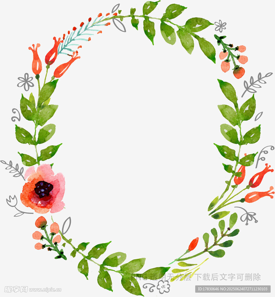 手繪花卉綠葉圓形花環(huán)