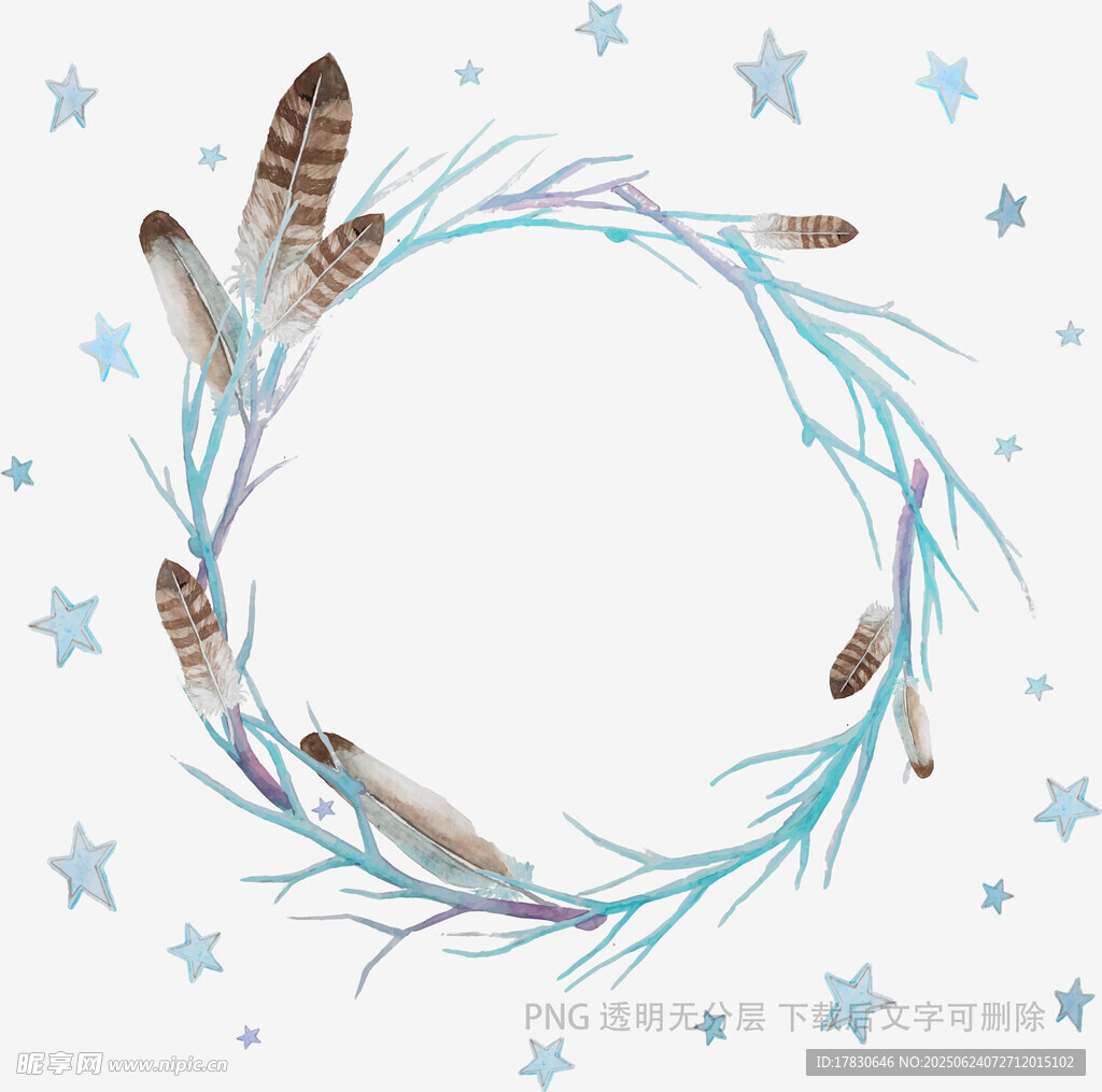 羽毛藍枝星星組成的花環