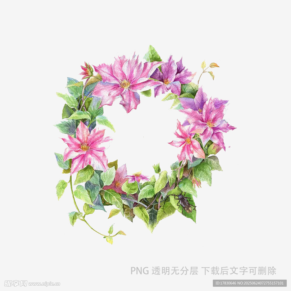 手繪粉色花卉花環圖案