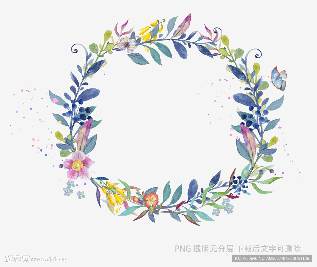 手繪多彩花卉花環圖案
