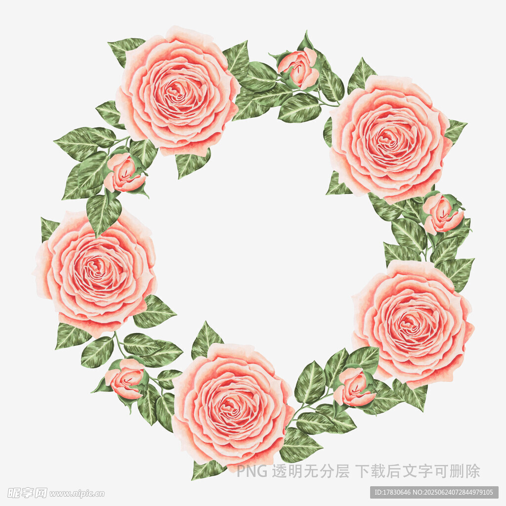 粉色玫瑰綠葉花環圖案