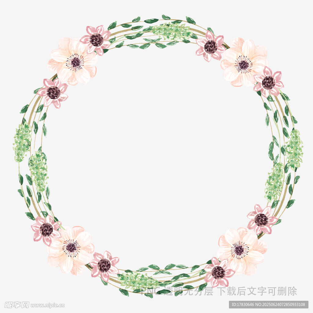 手繪花卉綠葉圓形花環